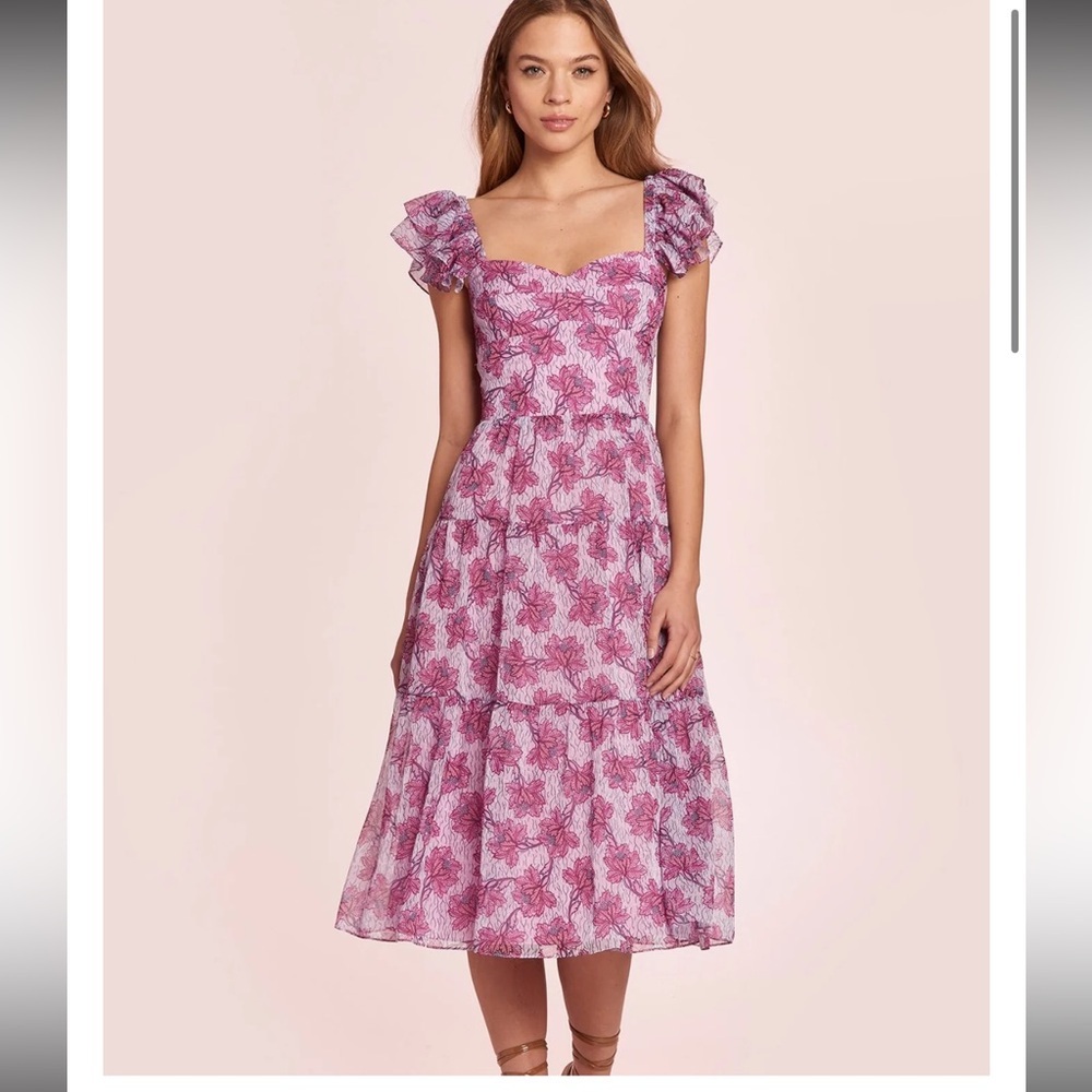 AMANDA UPRICHARD Francia Midi Tiered Dress in Porsena Purple Floral. Large $268